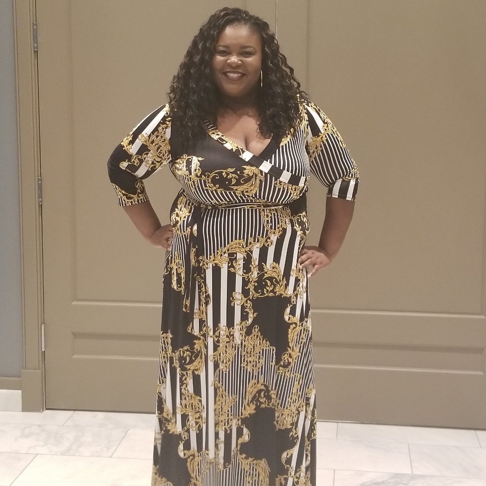 Black, white, and gold leaf dress
